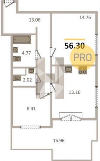 Двухкомнатная квартира 56.3 м²